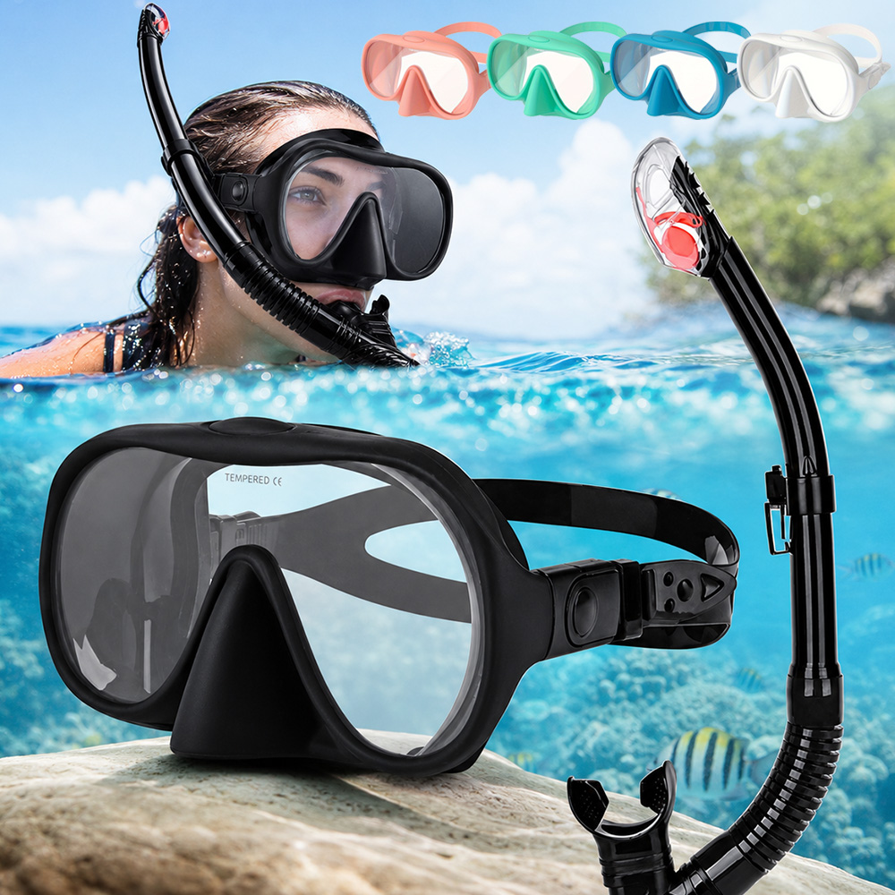 Snorkel Set - Erwachsenen-Schnorchelset, halbtrockene Schnorchelmaske, gehärtete Glaslinse, Silikon-Schutzrand,